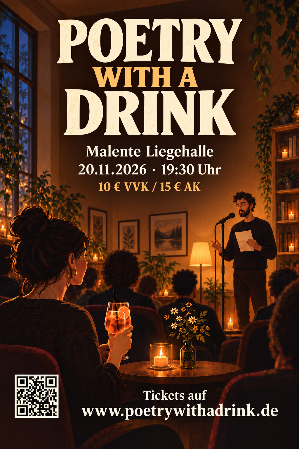 Plakat von Poetry with a Drink: Lesung bei Kerzenlicht in der Malenter Liegehalle